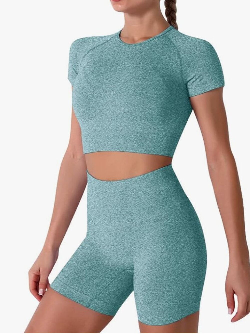 Yoga Workout Short Sleeve Crop Top & High Waisted Biker Shorts